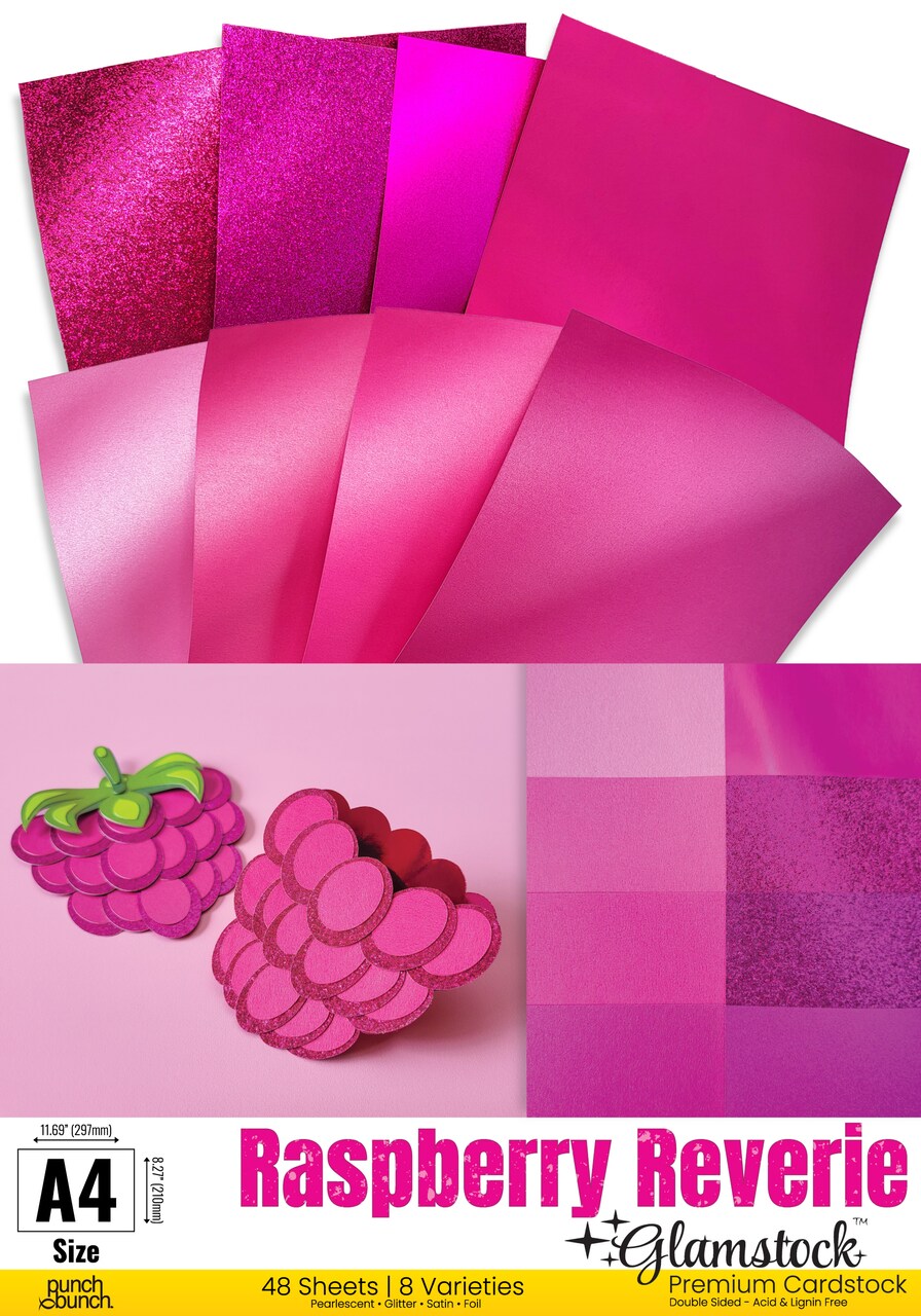 Raspberry Reverie Glamstock™ – Premium Pink Cardstock Book featuring Pearlescent, Satin, Foil & Glitter Papers, 48 Pages, A4 Size, for Scrapbooking, Crafts & Invitations